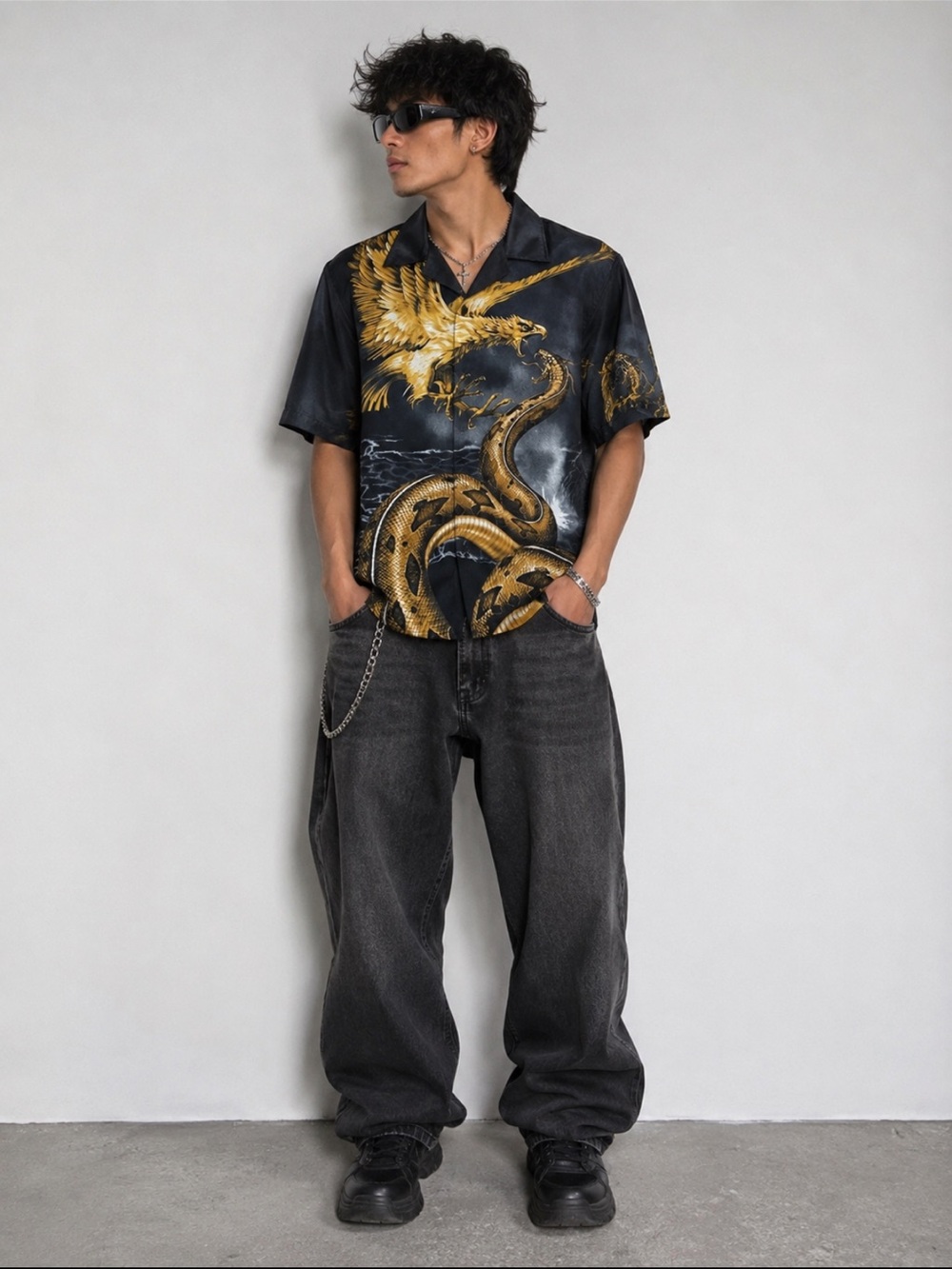 Y2K Vintage Moon Eagle & Snake Graphic Button-Up Shirt